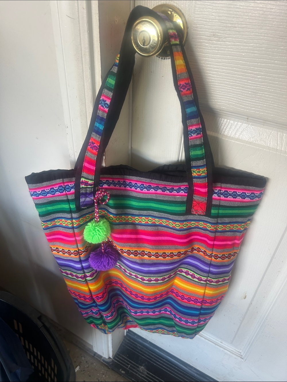 Multicolor Striped Women’s Tote Bag with Pom Pom Accent